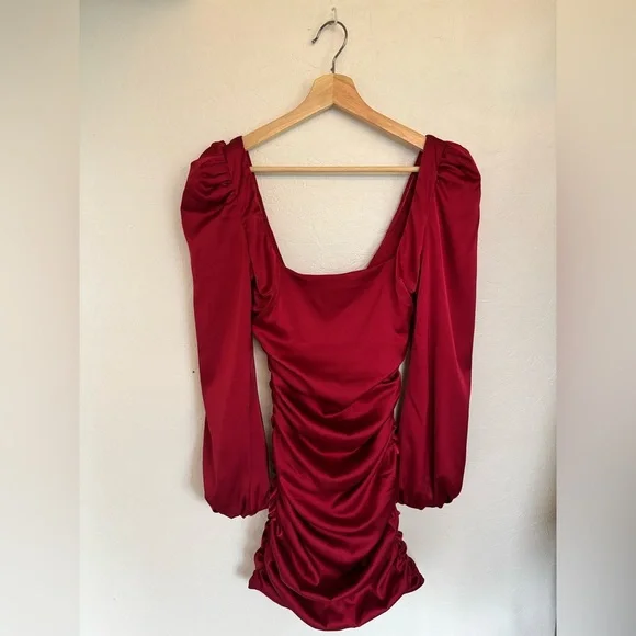Oh Polly Red Ruched Puff Sleeve Square Neck Satin Effect Holiday Mini Dress - Picture 3 of 13